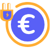 Euro symbol inside a blue circle with an orange ring and a plug icon, symbolizing energy payments