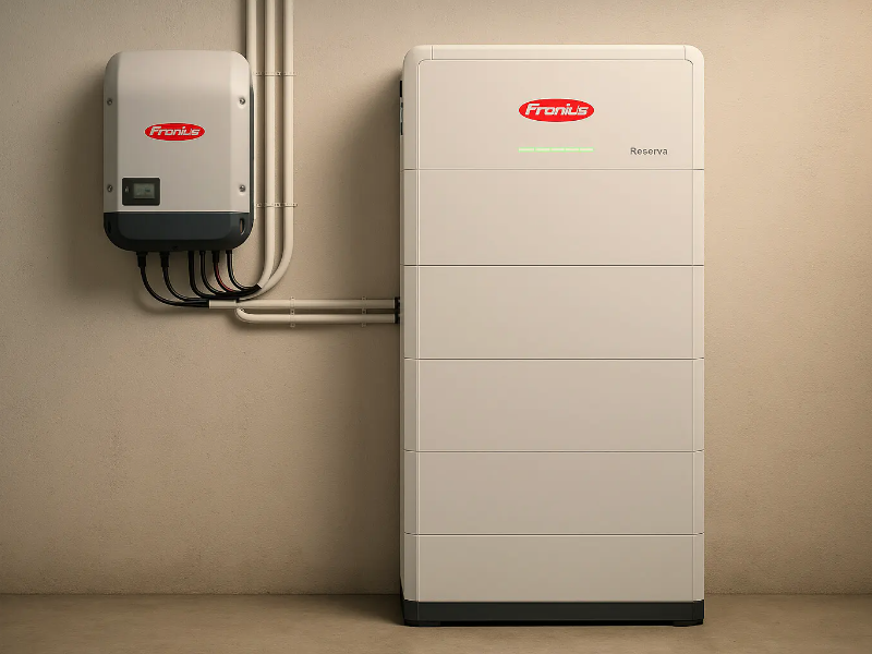 White Fronius energy storage inverter system mounted on a wall with cables connected to a smaller controller unit on the left and a green status light visible on the top panel.