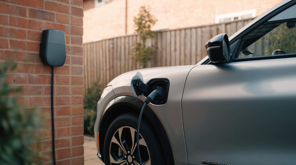Electric car plugged in to a wall-mounted charger beside a brick wall, front of the car visible.