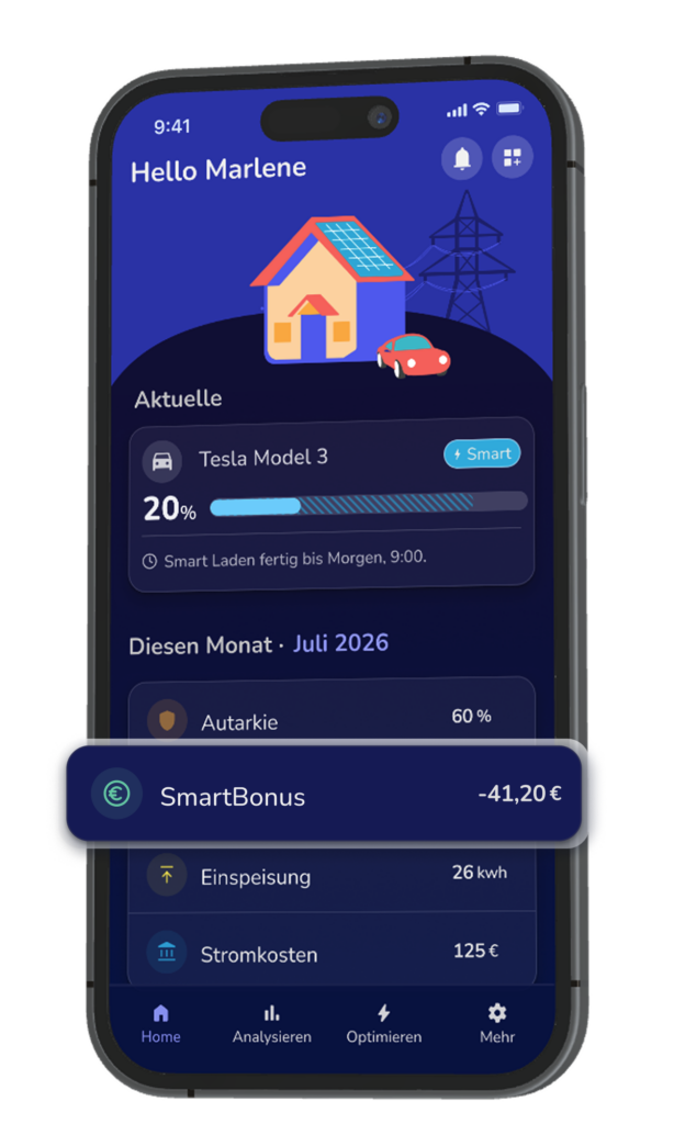 Phone screen showing energy/mobile app with a house and car illustration; Tesla Model 3 charging at 20% with a 'Smart' badge and progress bar, in German UI.