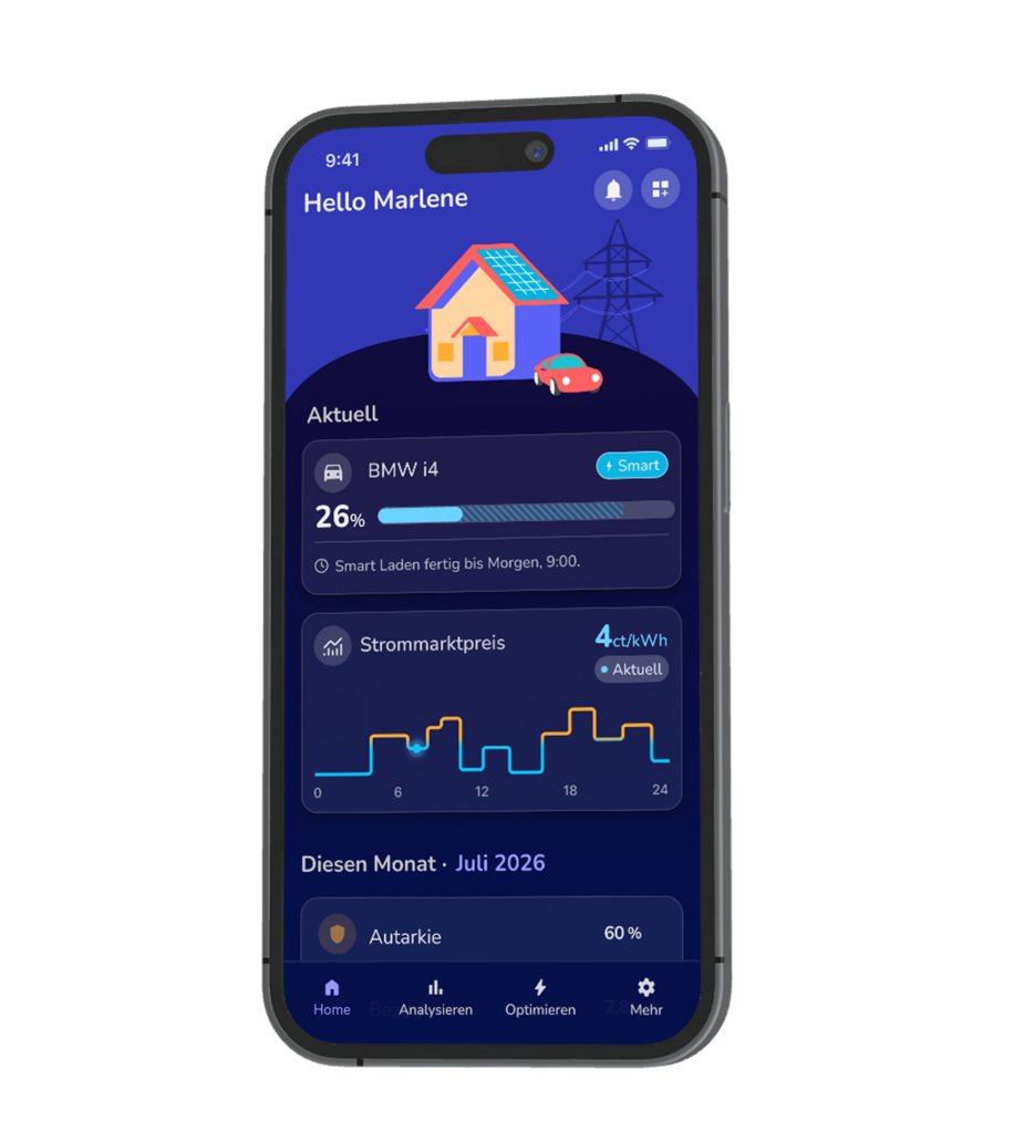 Smartphone app dashboard displaying a blue energy overview with a house, solar panels, a car, and a power graph on screen edge.
