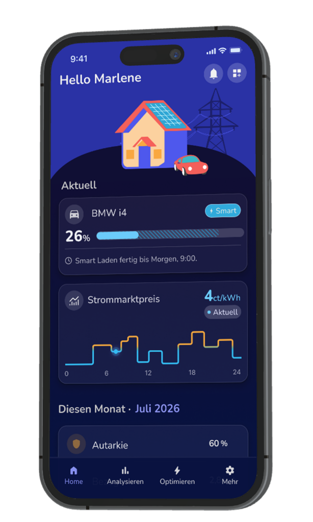 Home screen of a smart energy app featuring a house with solar panels, car, and power lines under a greeting 'Hello Marlene' (informative, contextual)