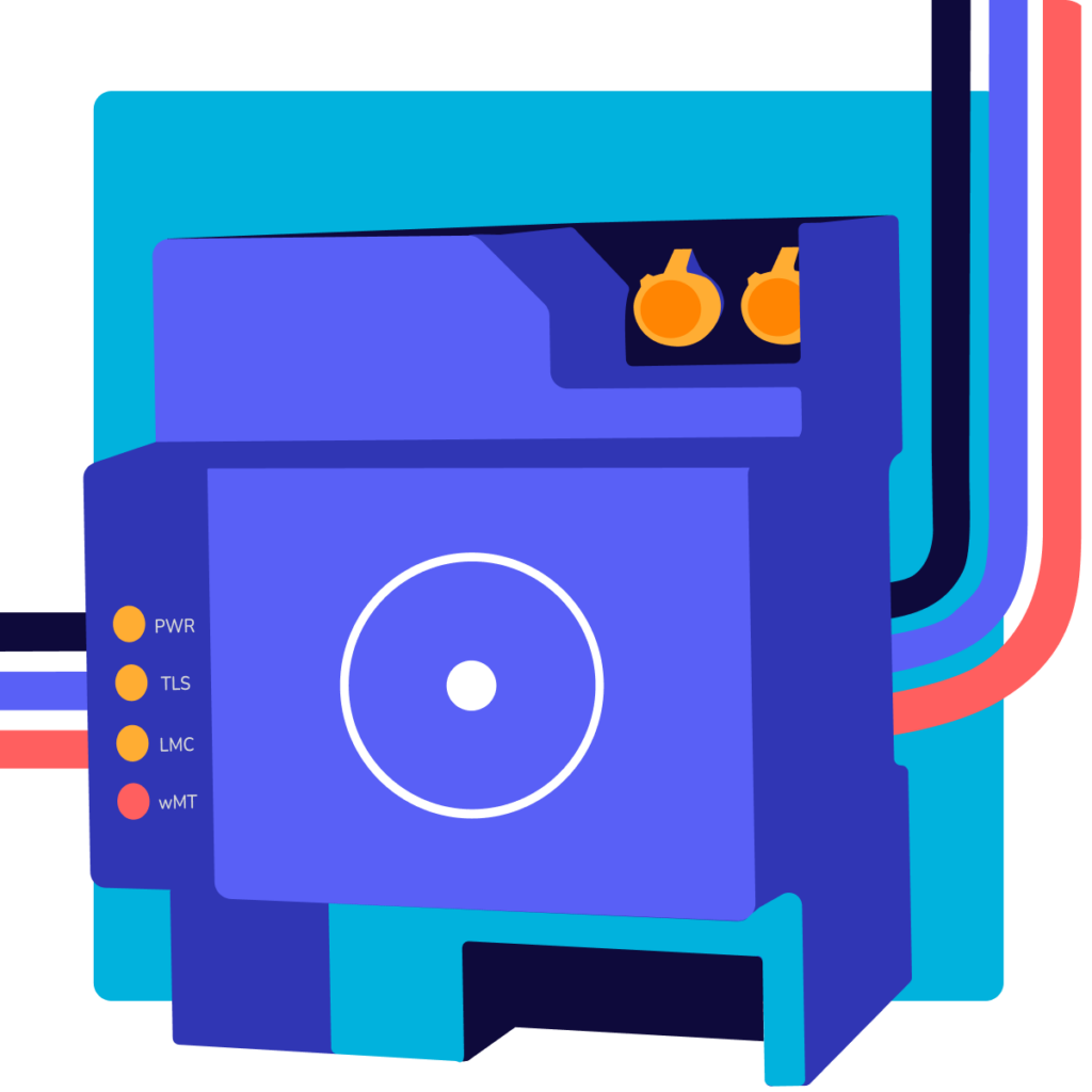 Abstract blue data storage device with a large circular disk on the front, connected by colorful cables on the right and LED indicators labeled PWR, TLS, LMC, wMT on the left